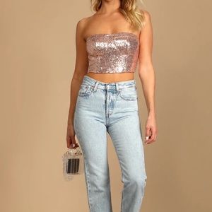 Lulu’s Rose Gold Barbie Sequin Strapless Crop Tube Date Night Top